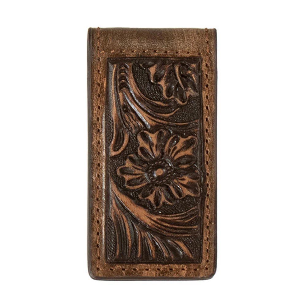 Magnetic Money Clip Floral Embossed Leather - Brown