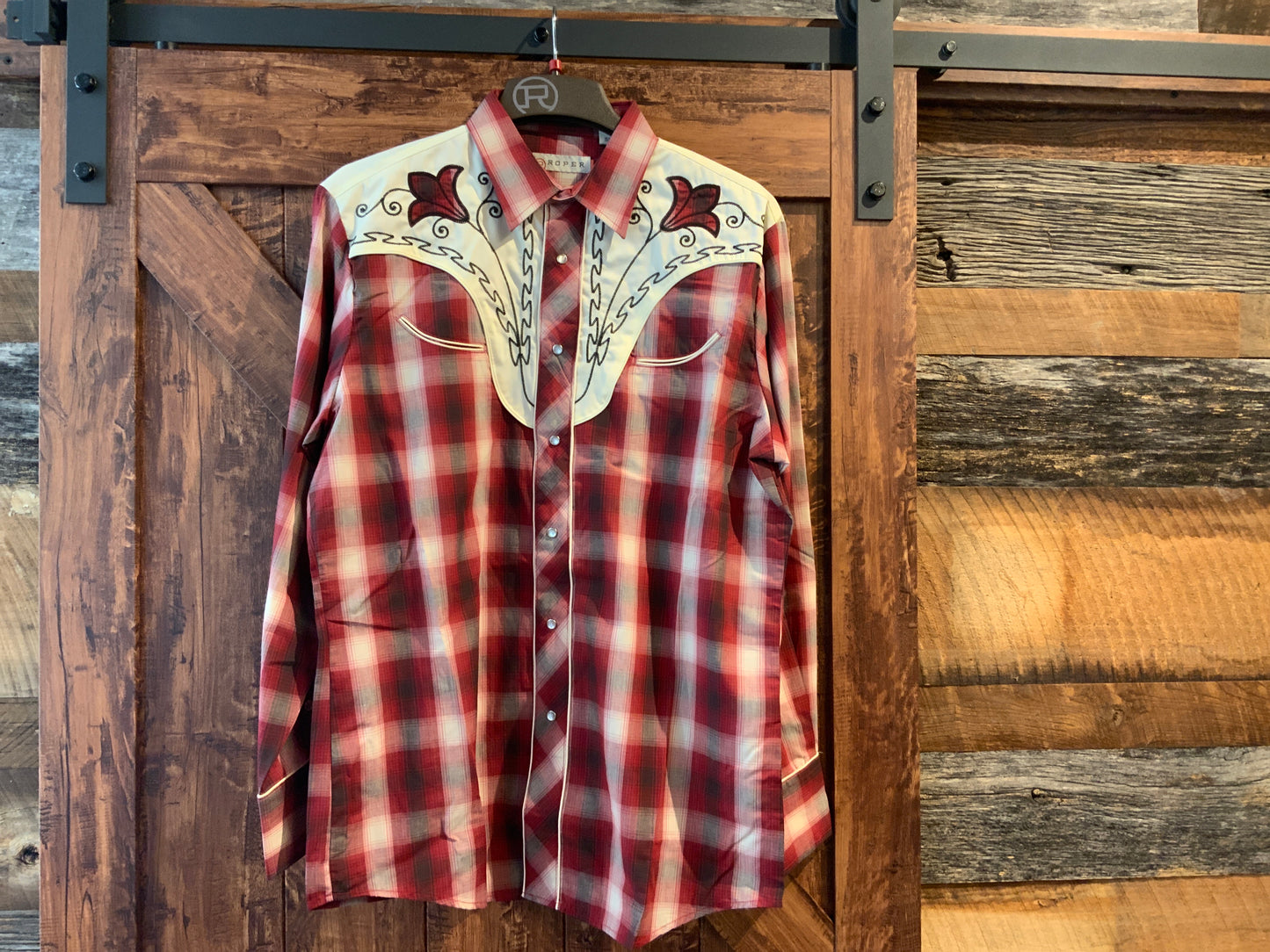 Mens Roper Red Plaid Snap Up w/ White Embroidery