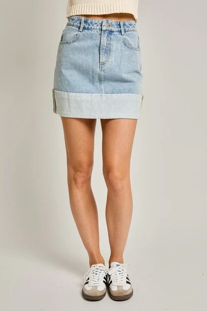 High Waisted Cuffed Hem Denim Mini Skirt