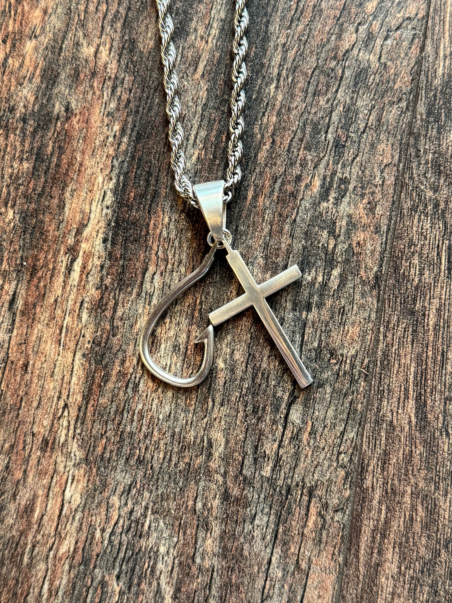 Silver Cross and Fishing Hook Necklace