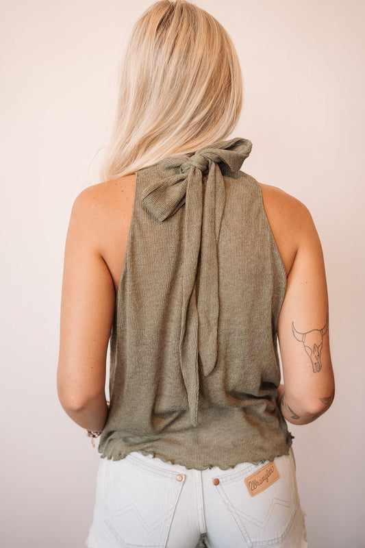 Olive high neck tie top