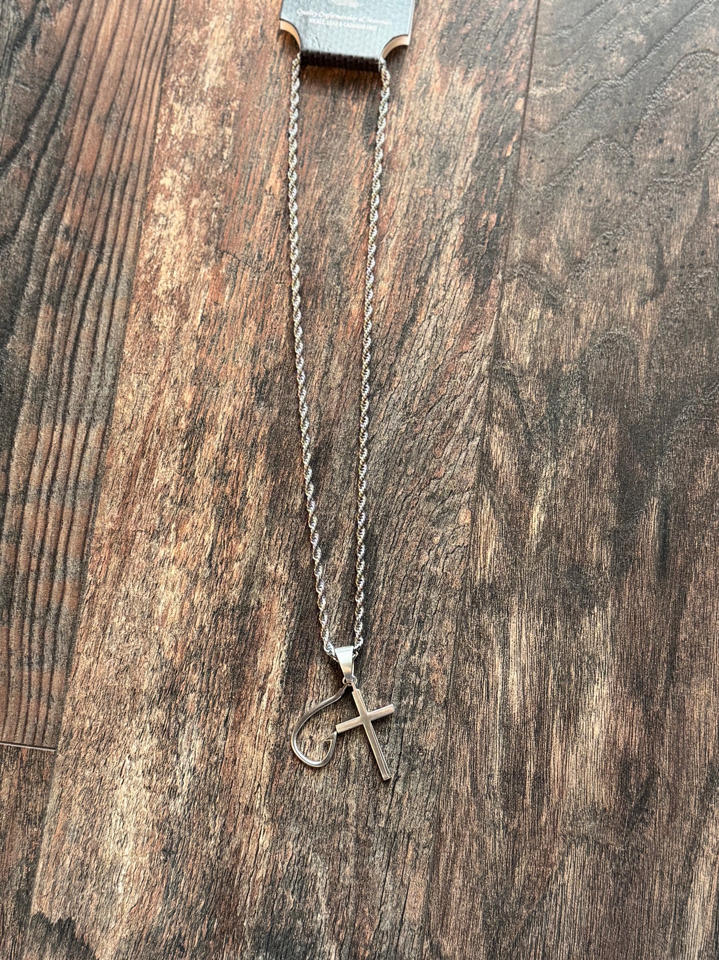 Silver Cross and Fishing Hook Necklace