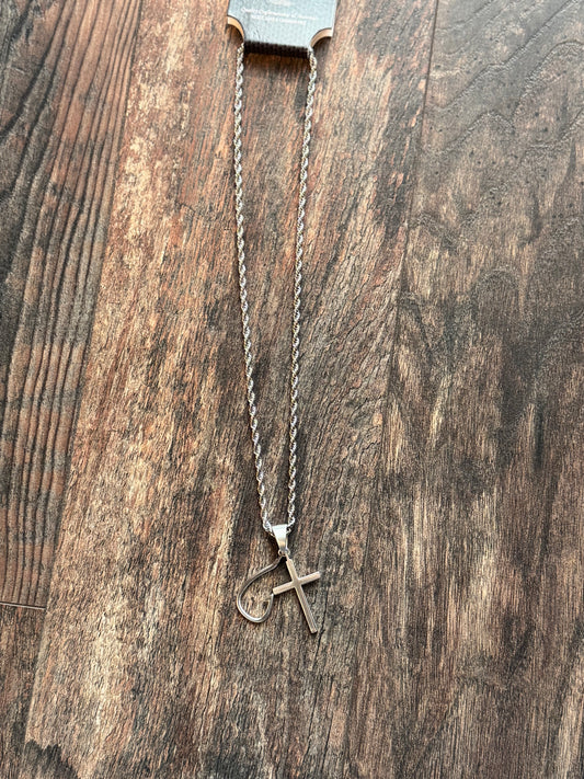 Silver Cross and Fishing Hook Necklace