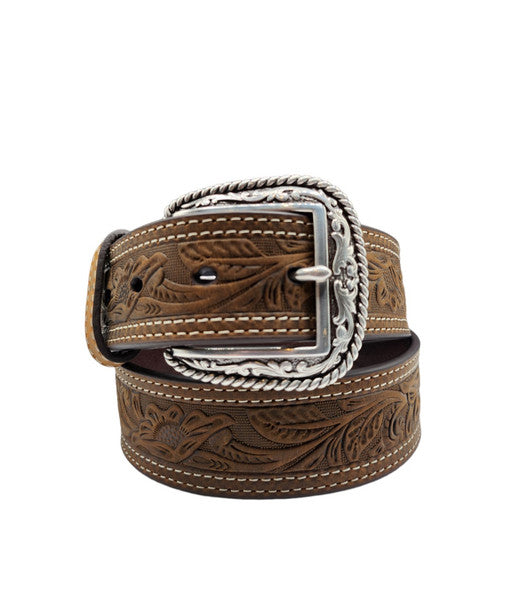 ARIAT FLORAL STAMPED LEATHER BROWN - ACCESSORIES BELT MEN