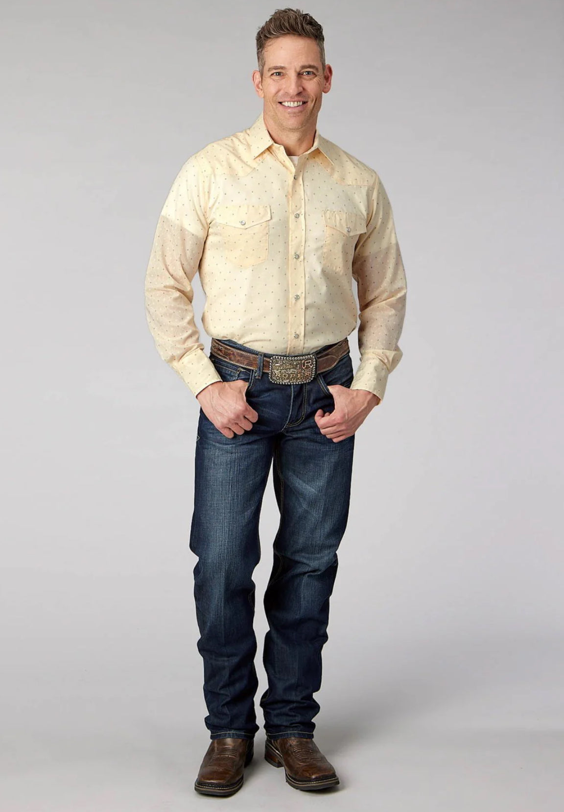 Roper Mens 2067 Diamond Wallpaper White Cotton Blend L/S Shirt