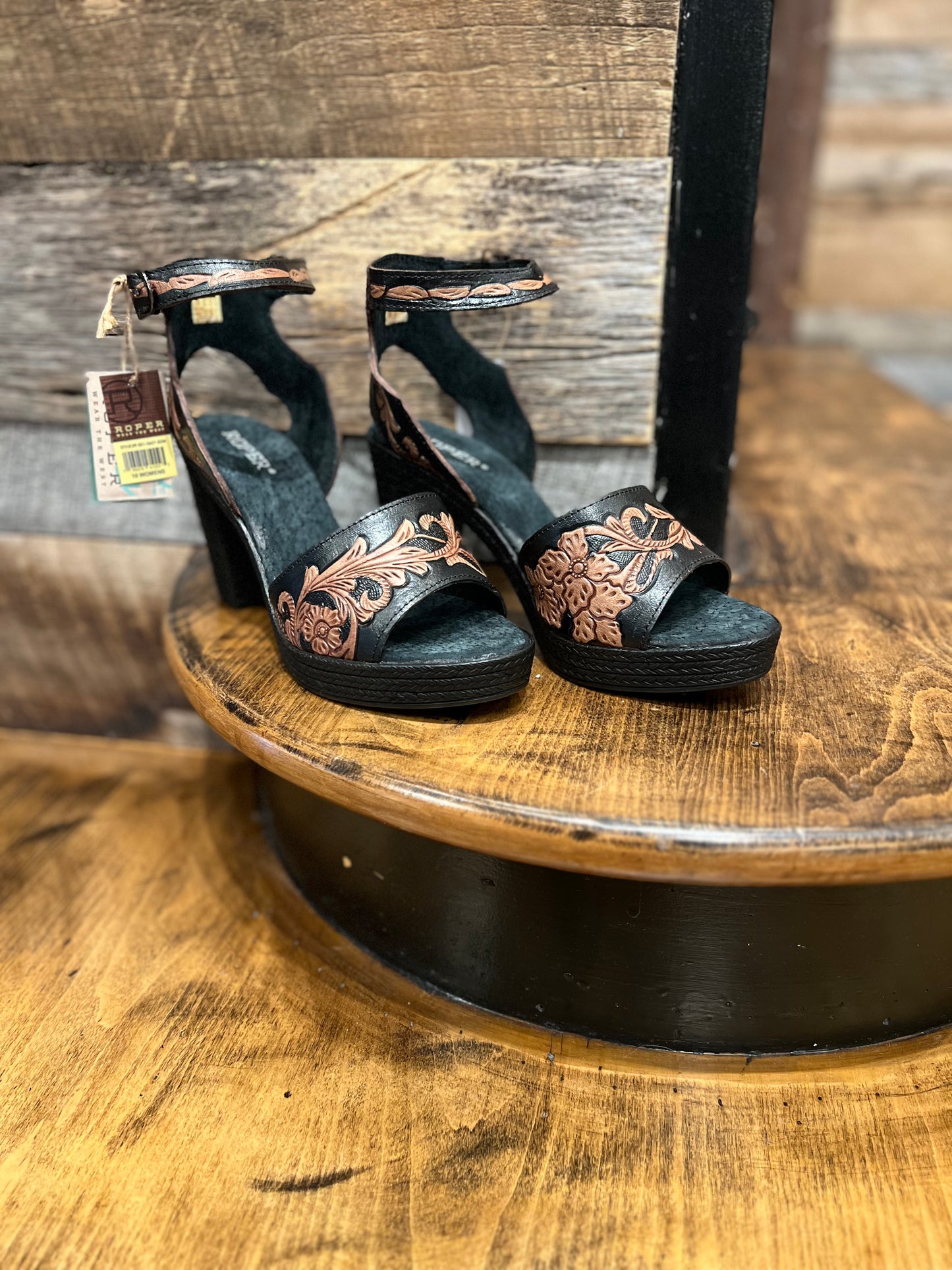 Roper Black & Brown Tooled Heel