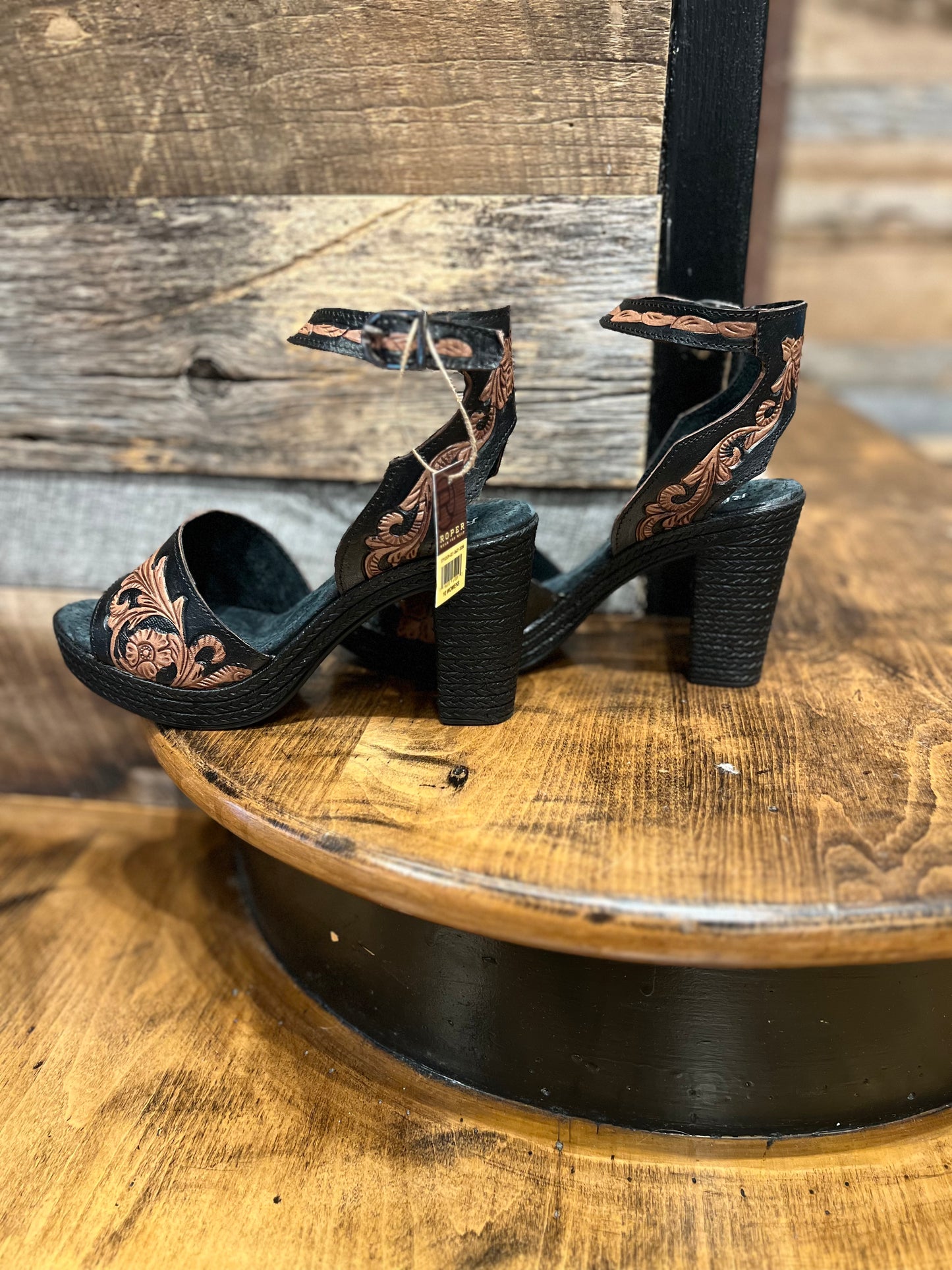 Roper Black & Brown Tooled Heel