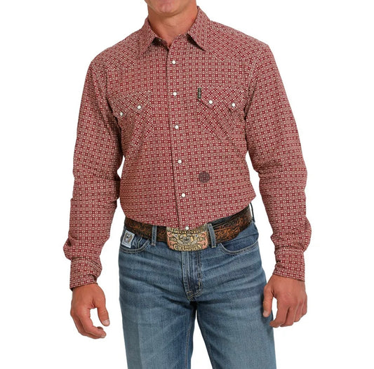Cinch Men's Long Sleeve Modern Fit Snap Contrast Top Stitch Western Print Shirt - Red