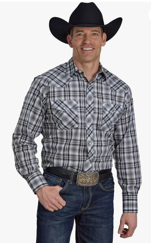 ROPER Western Shirt Mens L/S Plaid Snap Gray Black