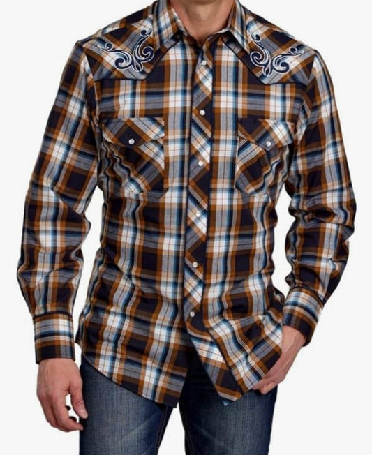 ROPER Western Shirt Mens L/S Plaid Snap Brown