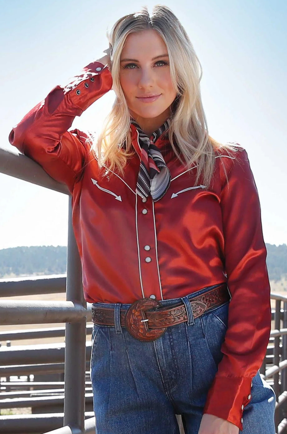 Women's Cruel Denim Long Sleeve Satin Pearl Snap Rust