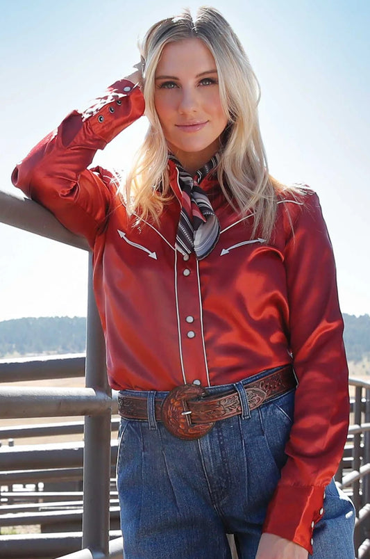 Women's Cruel Denim Long Sleeve Satin Pearl Snap Rust