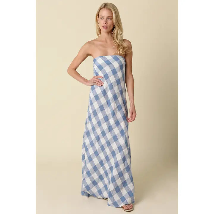Erin Strapless Gingham Linen Dress