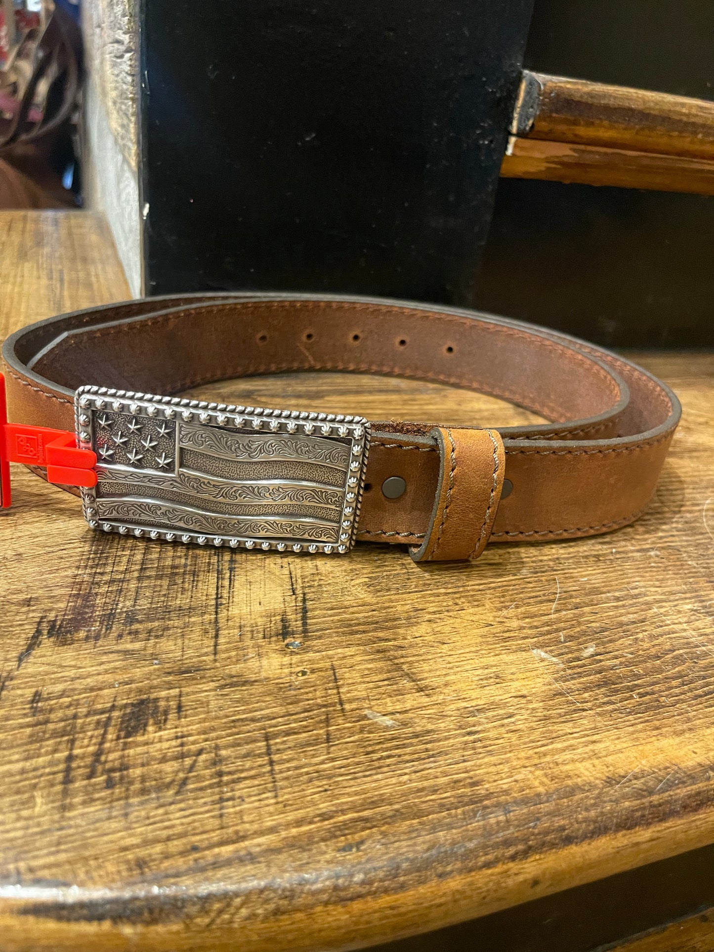 Brown Justin Belt With American Flag Buckle