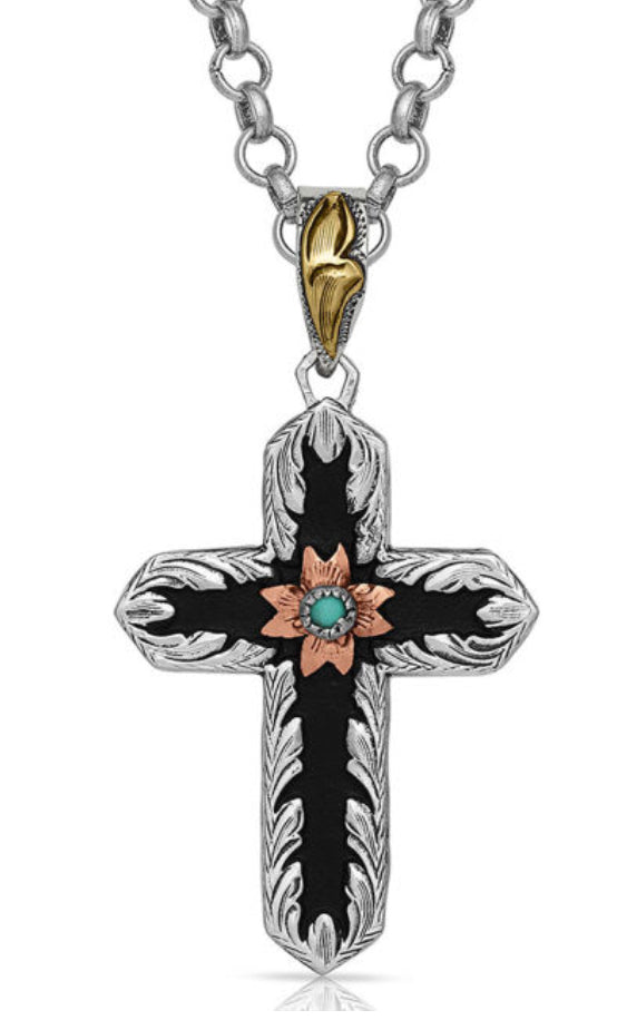 Antiqued Two Tone Radiating Cross Necklace