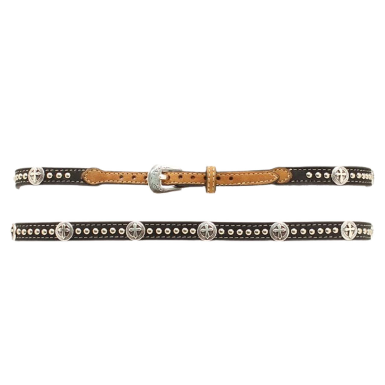 Black/Brown Leather Studded Hatband with Silver Cross Concho