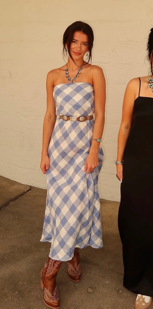 Erin Strapless Gingham Linen Dress
