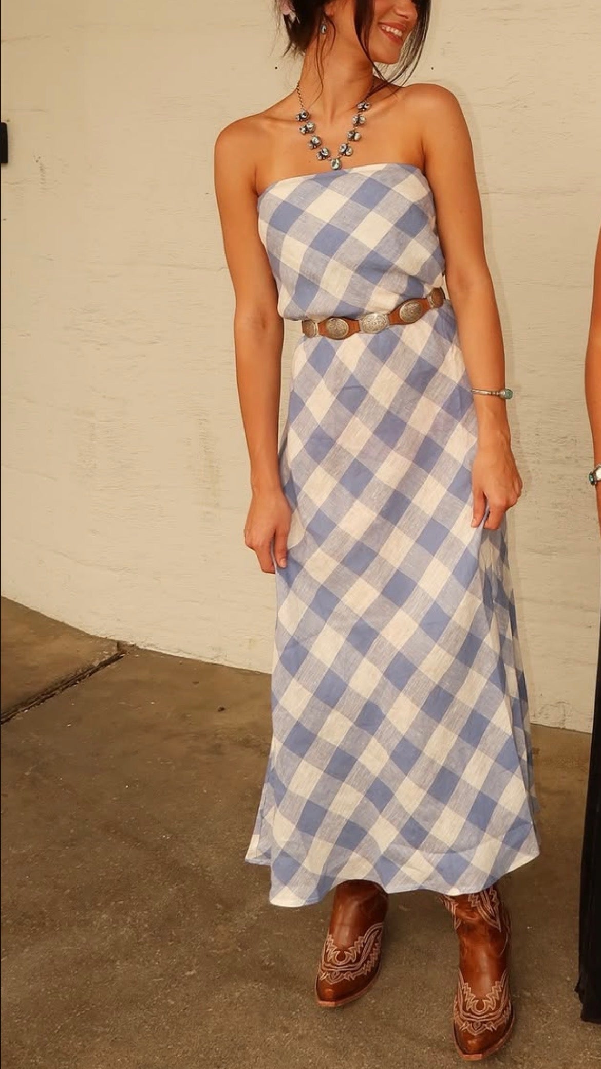 Erin Strapless Gingham Linen Dress
