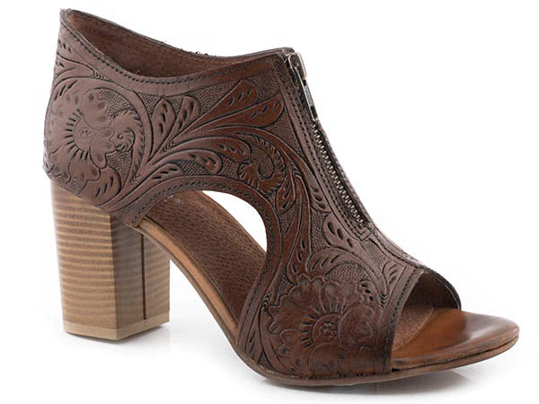 Mika Brown Tooled Front Zip Sandal