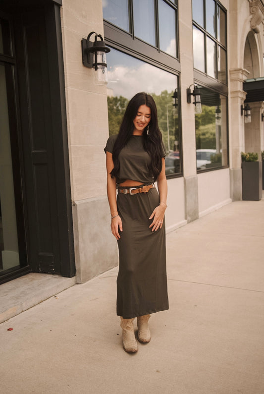 Dark Olive Sleeveless Top & Skirt Set