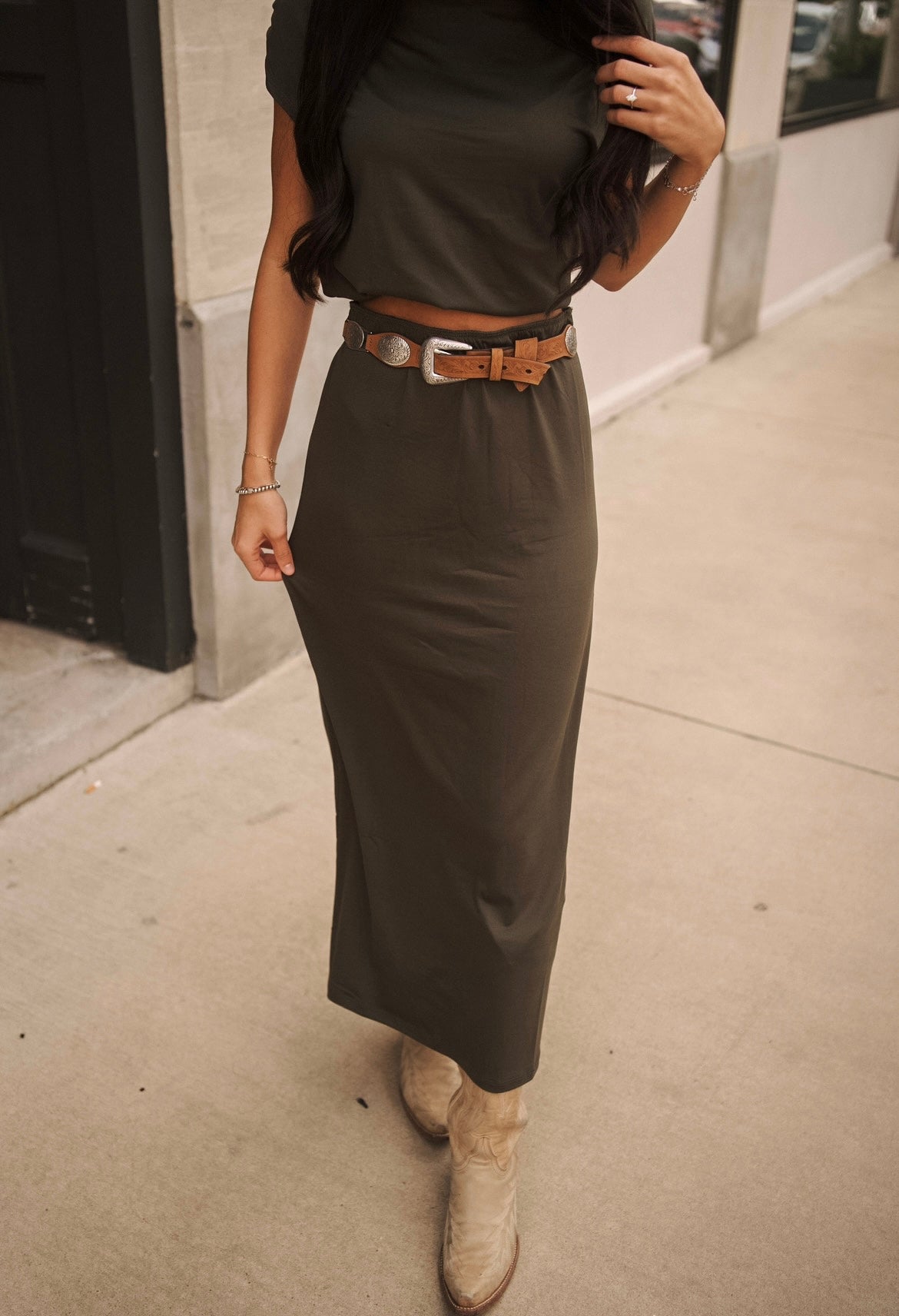 Dark Olive Sleeveless Top & Skirt Set