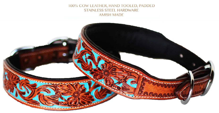 Dog Collar Hand Tooled and Painted Cow Leather