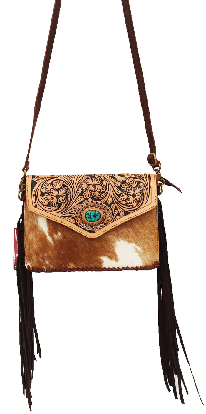 Women's Cowhide Western Floral Tooled Leather Shoulder Purse Handbag