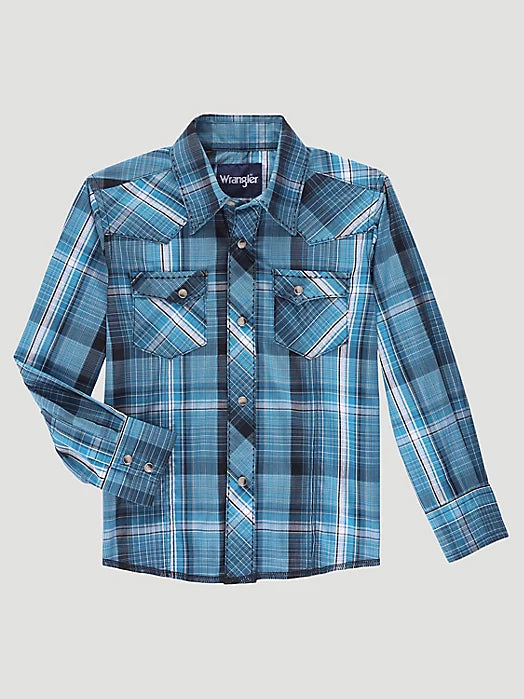 Boy’s Long Sleeve Cerulean Plaid Snap Up