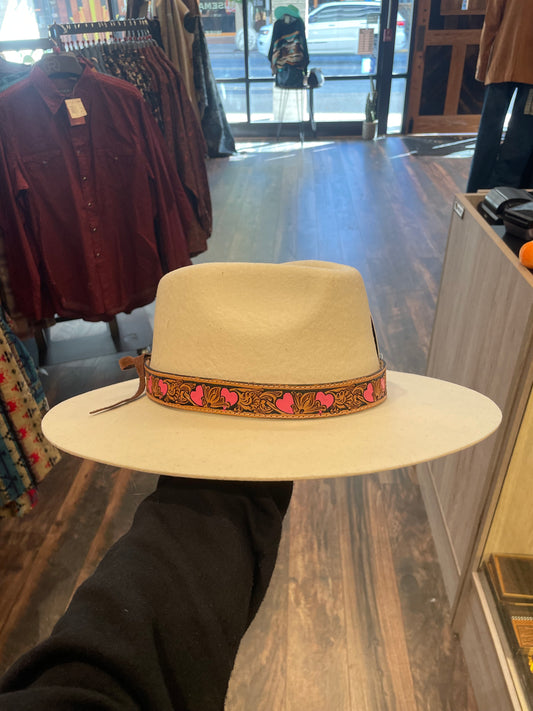 Tooled leather/pink heart hat band