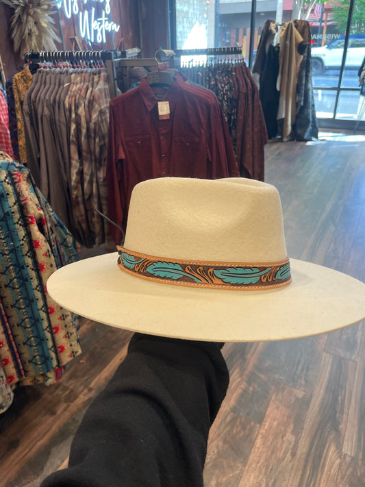 Tooled turquoise feather hat band
