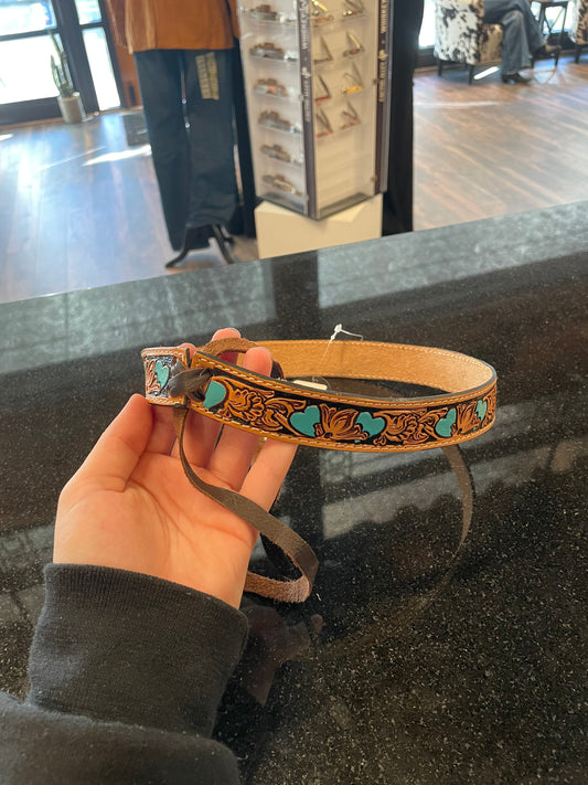 Tooled leather turquoise heart hat band