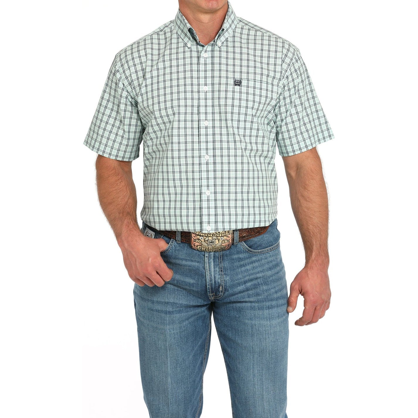 Cinch Turquoise Plaid Men's Short Sleeve