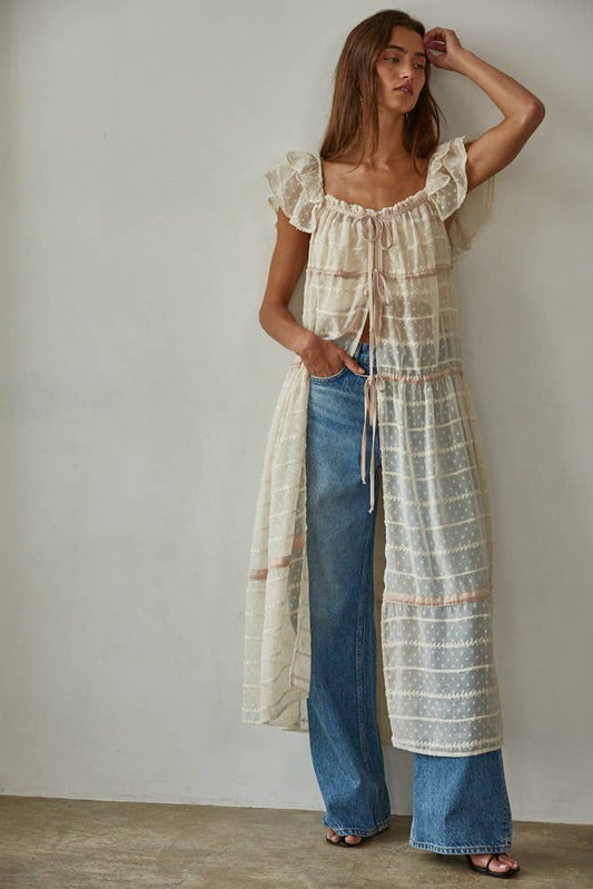 Woven See Through Open Front Flare Maxi Dress