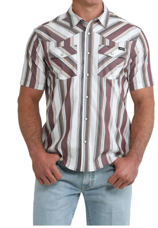Cinch Men's White Stripe Print Snap Button Shirt