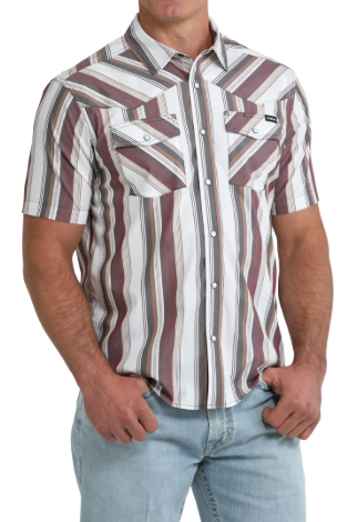 Cinch Men's White Stripe Print Snap Button Shirt