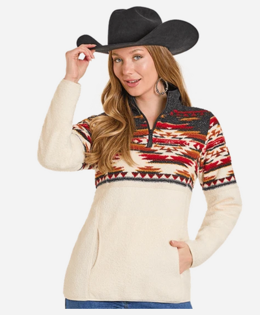 Ansleigh's Women's Slim Black Aztec Border Berber Pullover