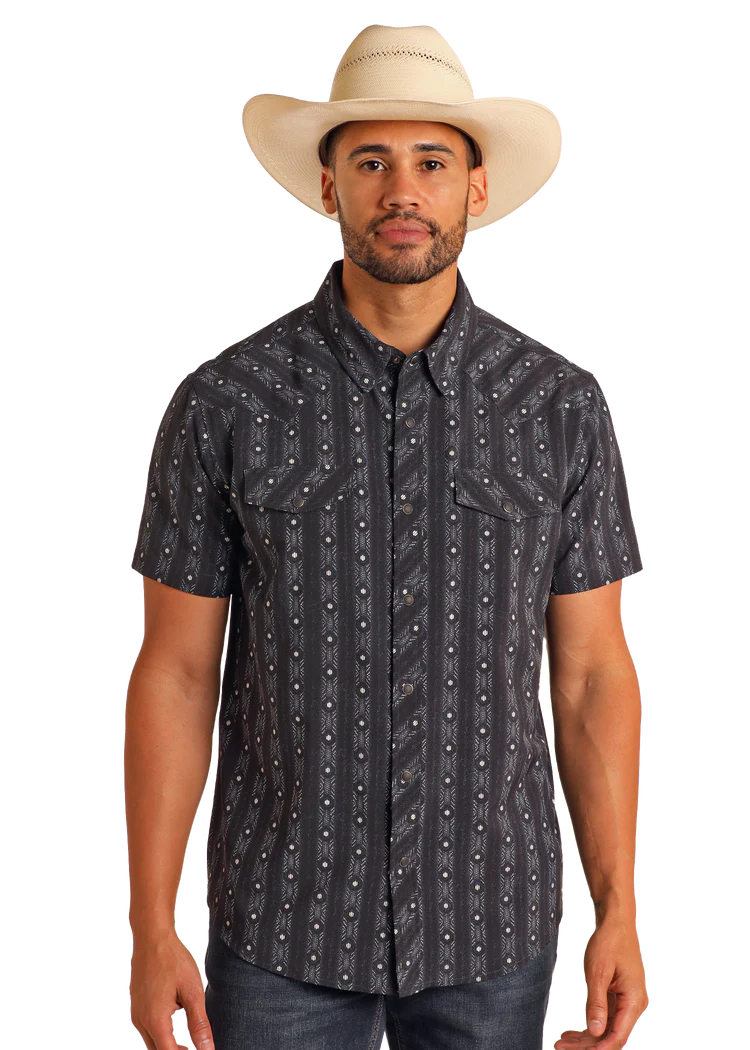 Abstract Striped Short Sleeve Snap Performance Shirt