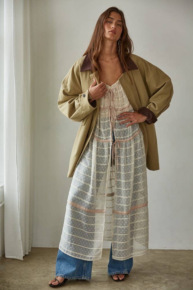 Woven See Through Open Front Flare Maxi Dress