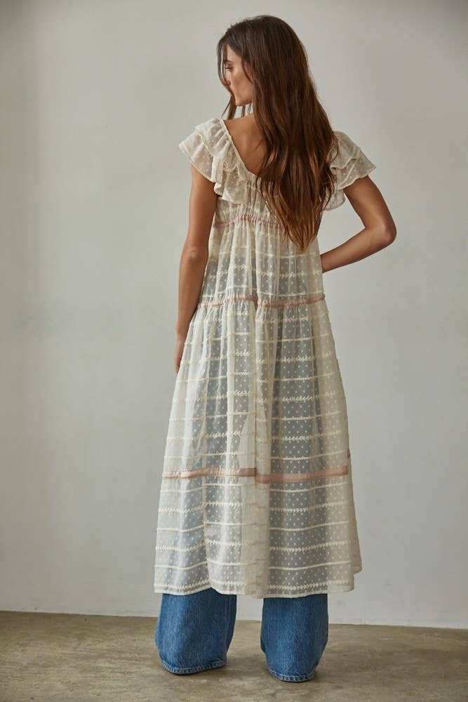 Woven See Through Open Front Flare Maxi Dress
