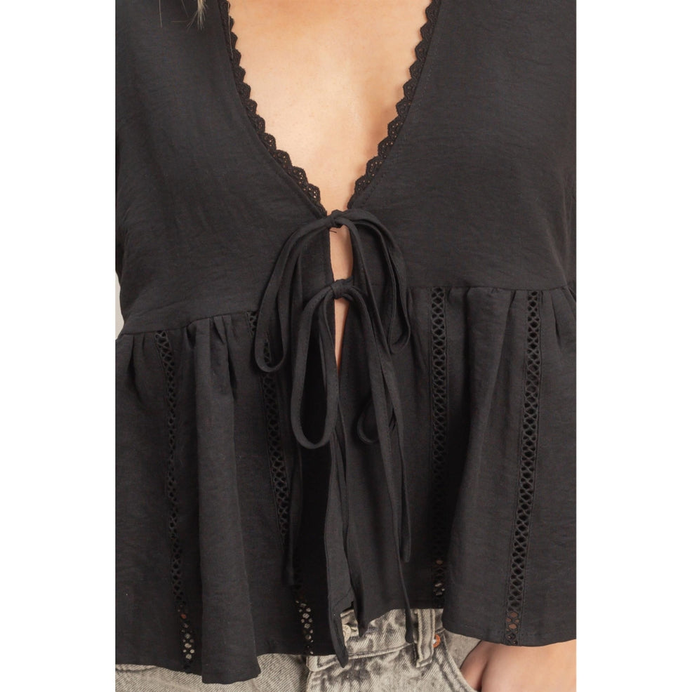 Baby Doll Tie Front Black Top