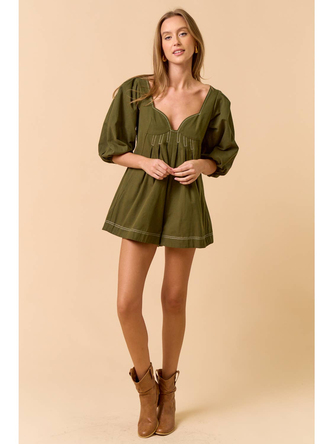 Puff Sleeve Olive Romper
