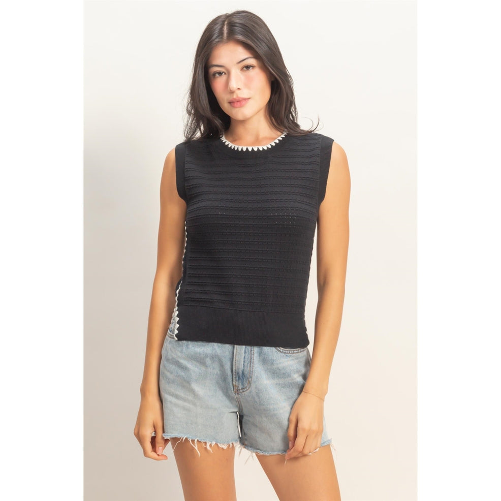 Black Eyelet Sleeveless Knit Top