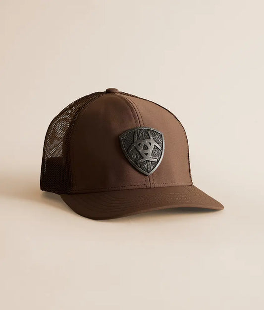 Ariat Brown Metal Shield Patch Curved Bill Trucker Cap