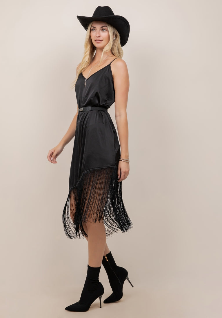 Asymmetric Black Fringe Dress