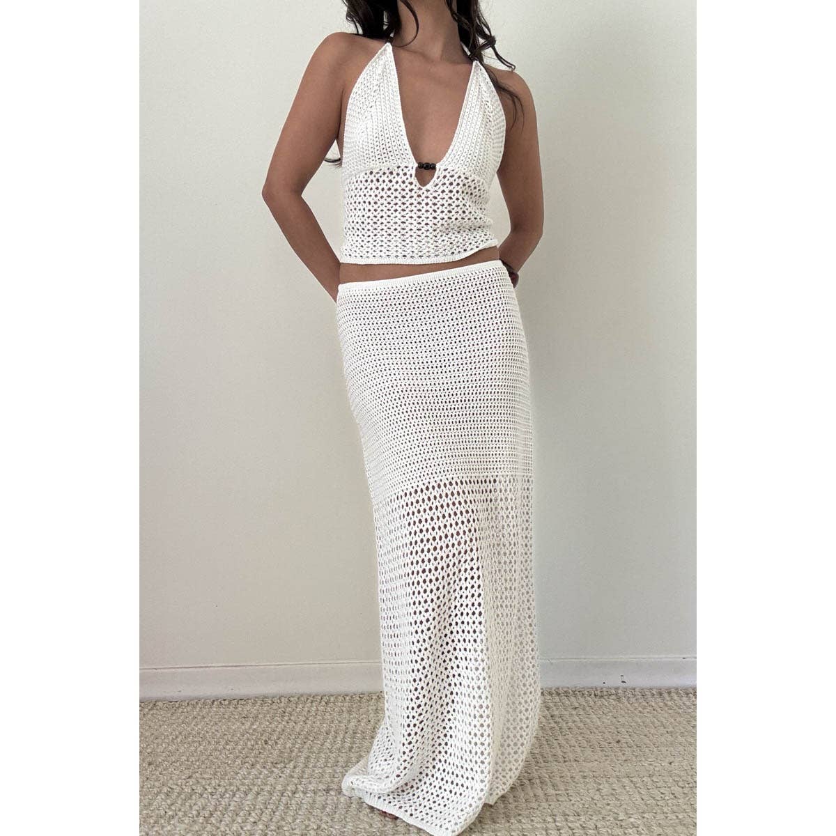 Island Ivory Knit Halter Top & Maxi Skirt