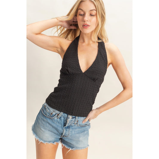 Tori Textured Halter Black Top