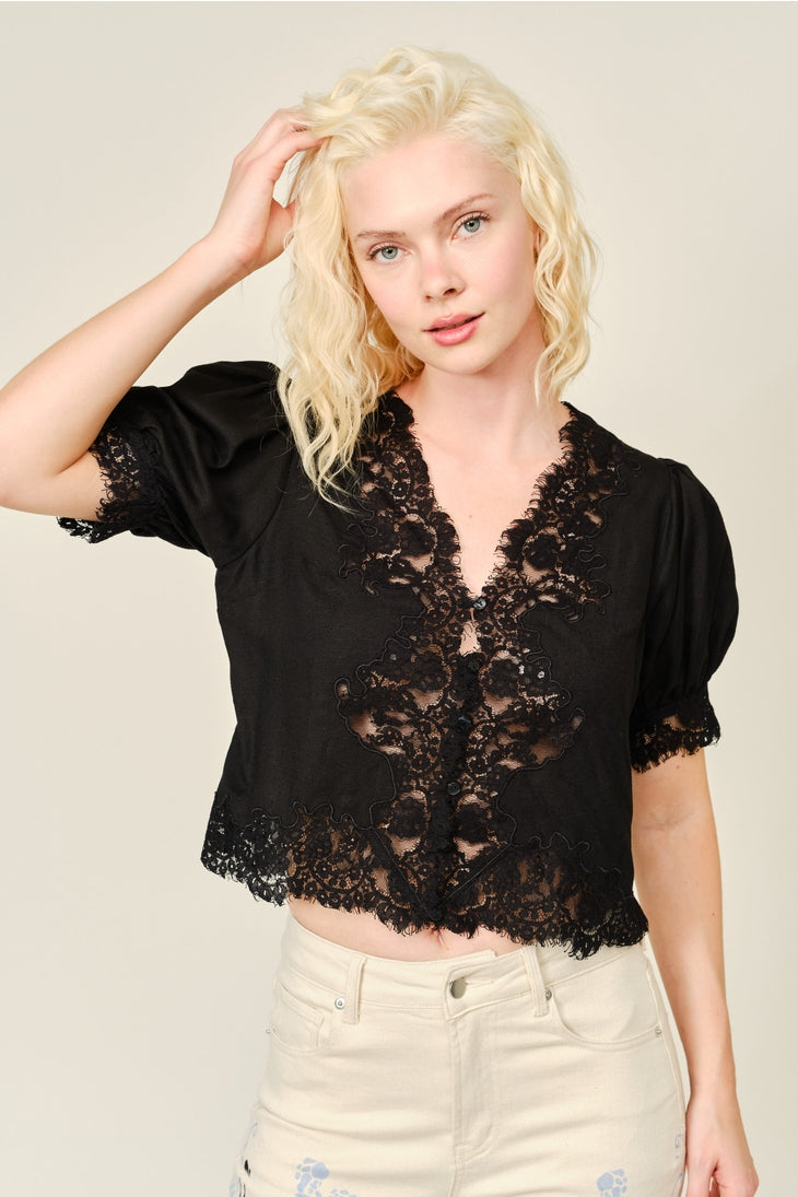 Cropped Black Lace Puff Sleeve Top