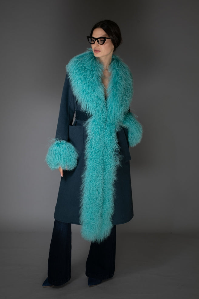 Turquoise Mongolian Wool Collar Cashmere Coat
