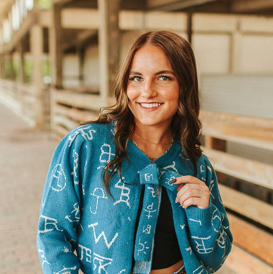 Teal Cattle Brand Knit Cardigan