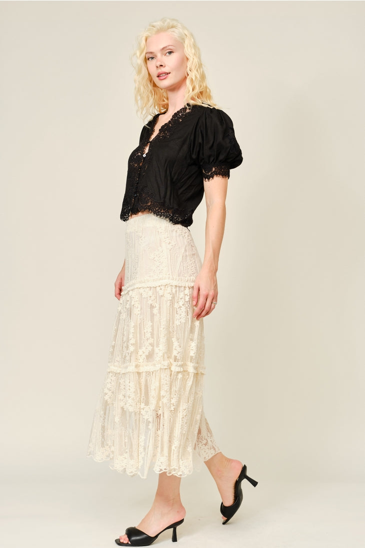 Cropped Black Lace Puff Sleeve Top